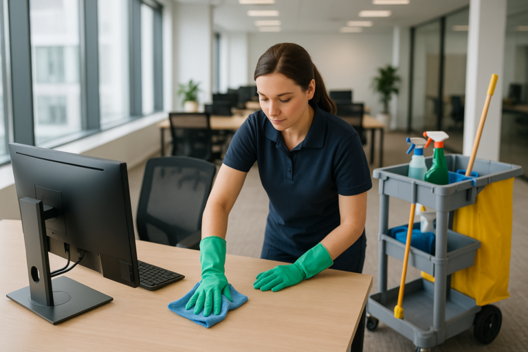 Worker disinfecting keyboards and vents to address office cleaning hidden spots in a busy office.