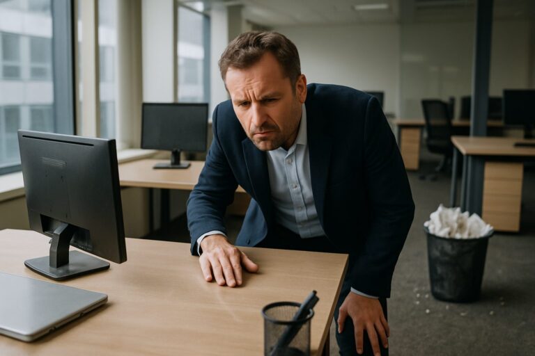 Dusty desks and stained floors highlighting bad cleaning service signs in a neglected office suite.