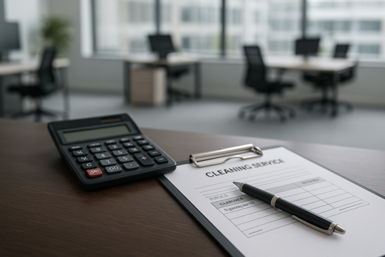 Calculator beside service proposal illustrating commercial cleaning cost Bangor Maine for an office contract.