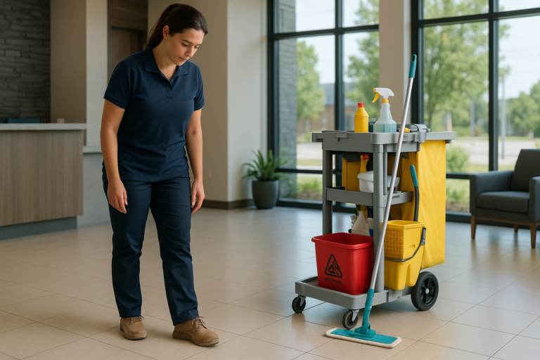 Manager and cleaner discussing hiring commercial cleaning company Maine in a modern workplace hallway.