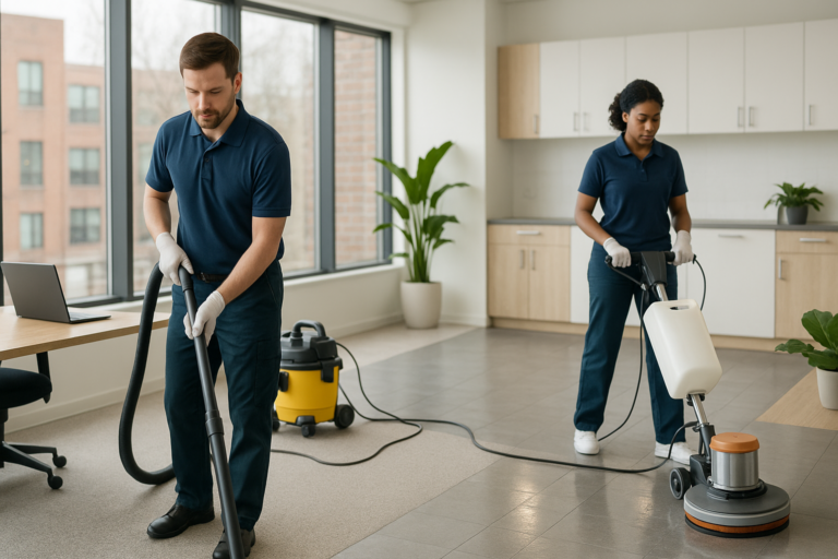 Professional cleaners performing routine janitorial vacuuming and deep commercial floor cleaning in a modern office.