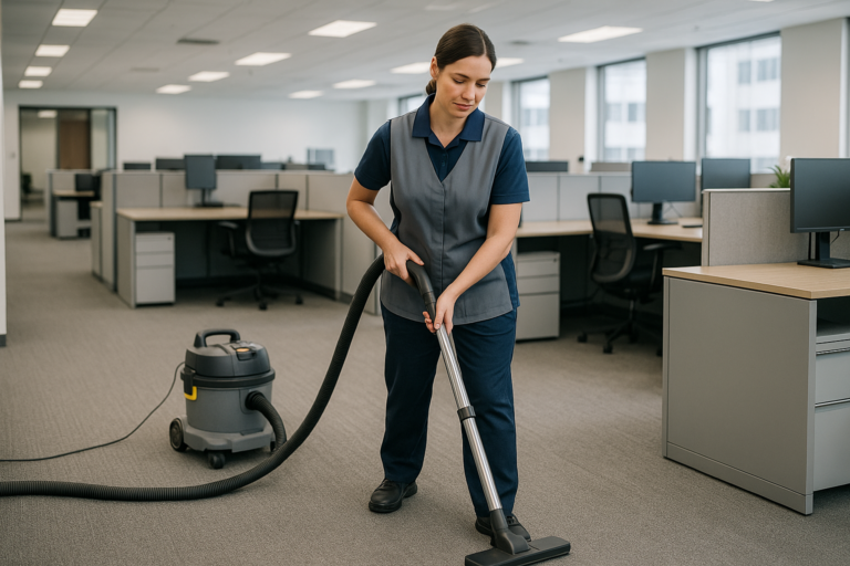 Professional cleaner vacuuming carpet in modern commercial office