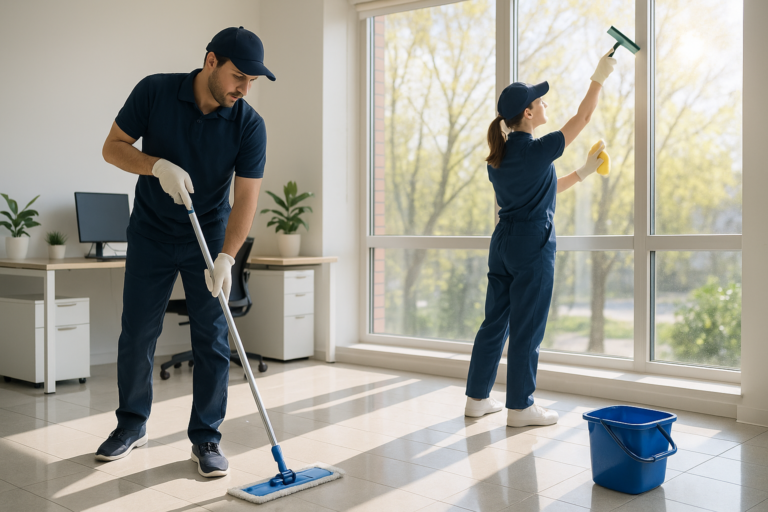 Team following spring commercial cleaning checklist Maine while sanitizing desks and entryways in daylight.