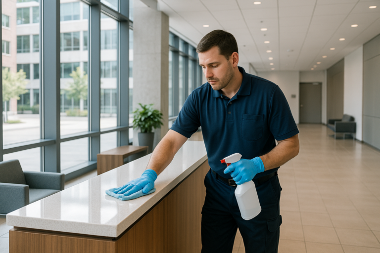 Janitor performing professional cleaning Bangor Maine in a polished office lobby before opening.