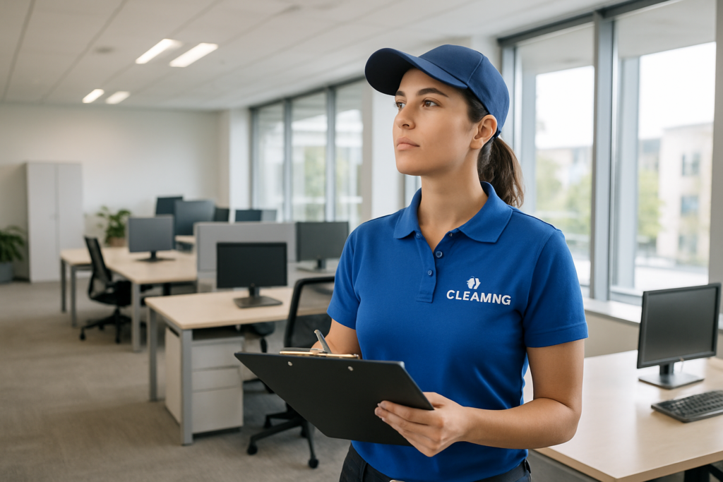 Commercial cleaning professional conducting a walkthrough inspection of a Maine office building with clipboard