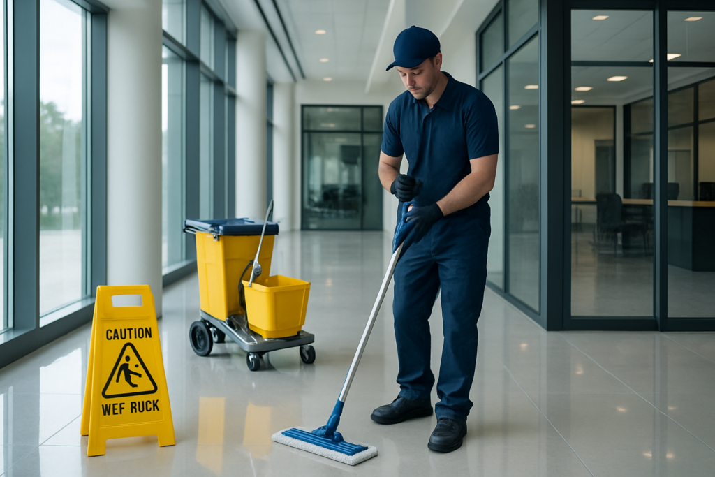 Commercial cleaning crew member mopping office floor in Brewer Maine business