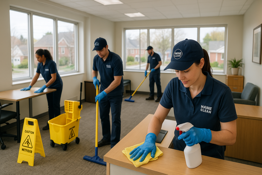 Professional cleaning crew servicing a commercial office in Hampden or Hermon, Maine