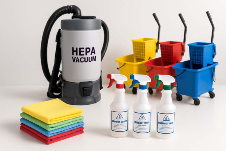 Professional commercial cleaning supplies including color-coded microfiber cloths, EPA-registered disinfectants, and HEPA vacuum equipment used by Clean Scene in Bangor Maine