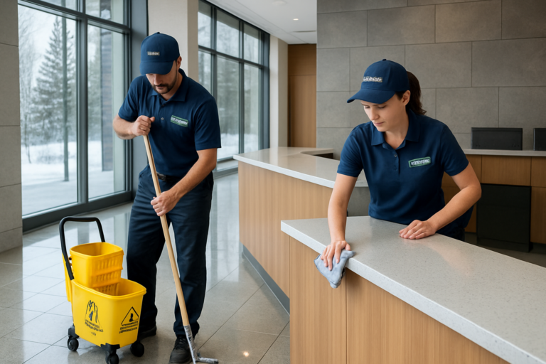 Clean Scene commercial cleaning team working in a Maine office building, mopping floors and cleaning reception desk