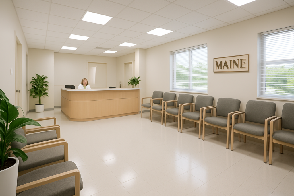 Clean, professionally maintained medical office waiting room representing healthcare facility cleaning services in Bangor, Maine