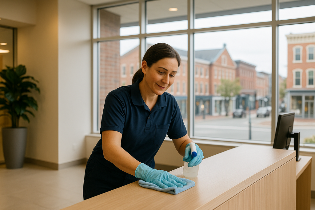 Locally owned commercial cleaning Maine — Clean Scene professional cleaner in a Bangor office