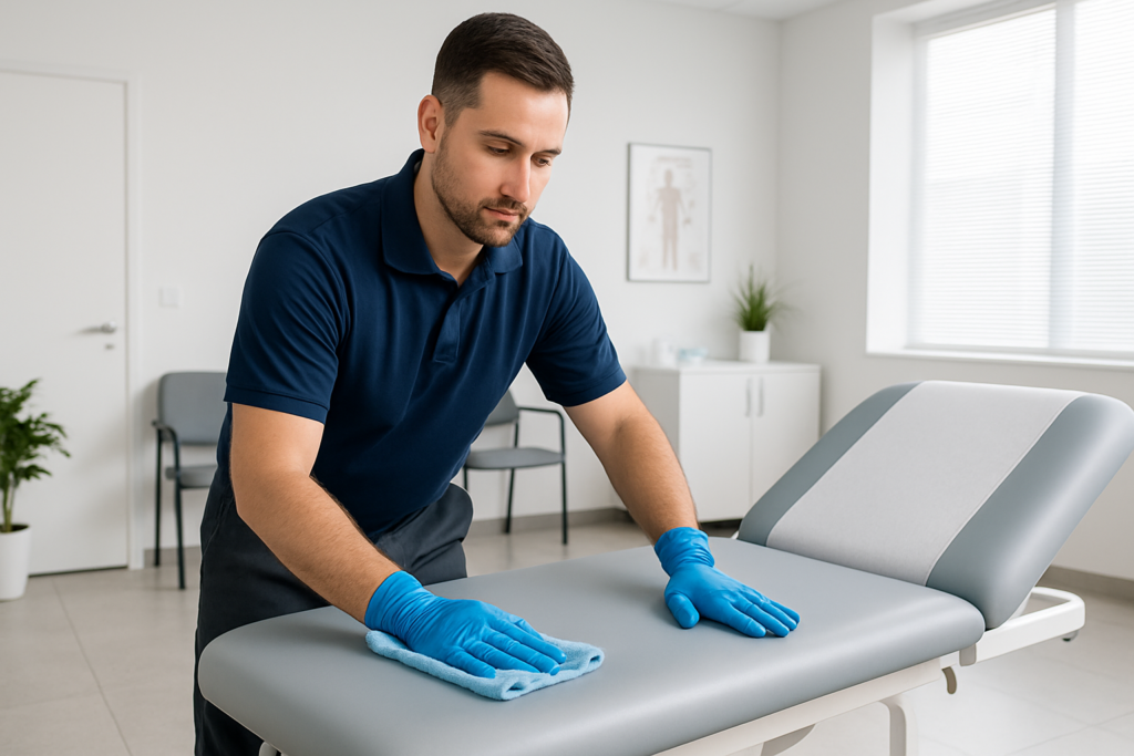 Professional cleaning technician disinfecting a medical examination room in Bangor Maine