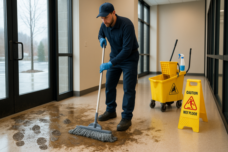 Cleaner mopping slushy entrance during mud season Maine floor cleaning at a commercial building.