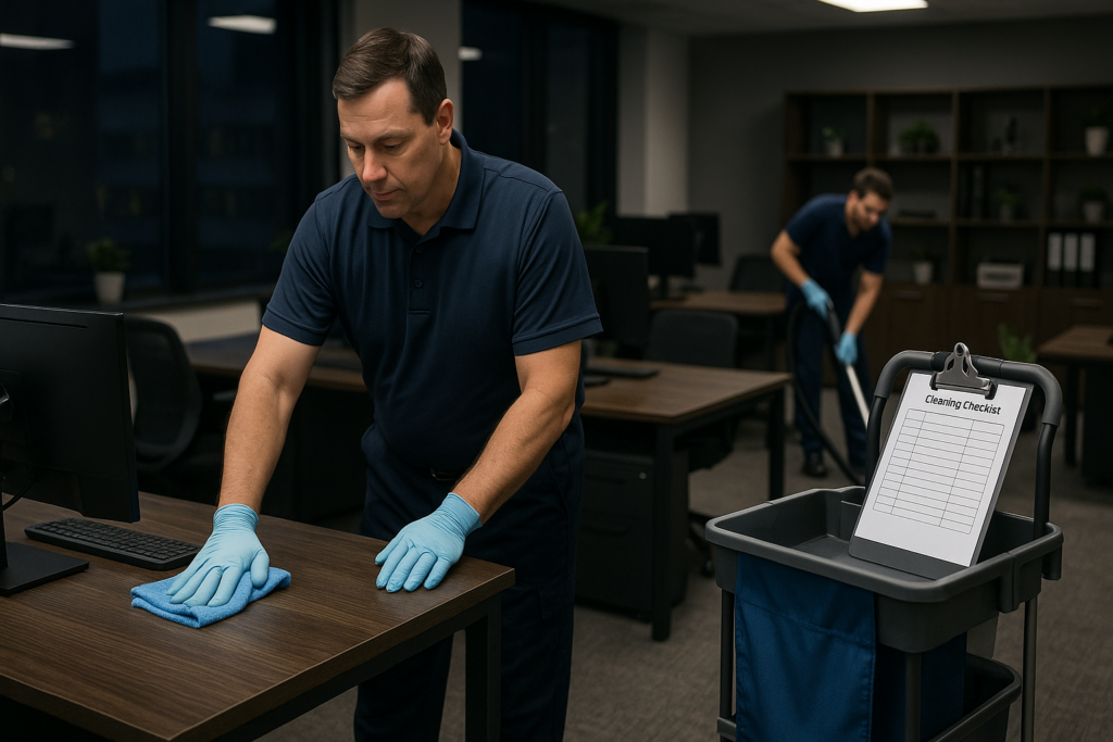 Nightly office cleaning checklist in action with cleaner disinfecting desks in a professional office