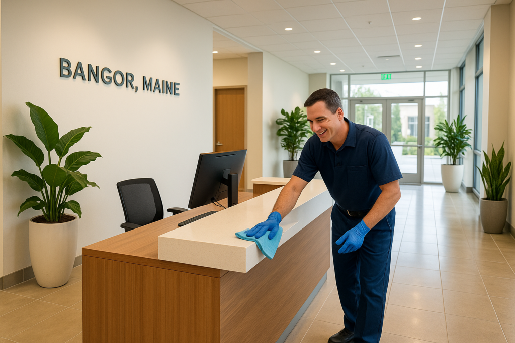 Clean Scene professional cleaning a modern office lobby in Bangor Maine