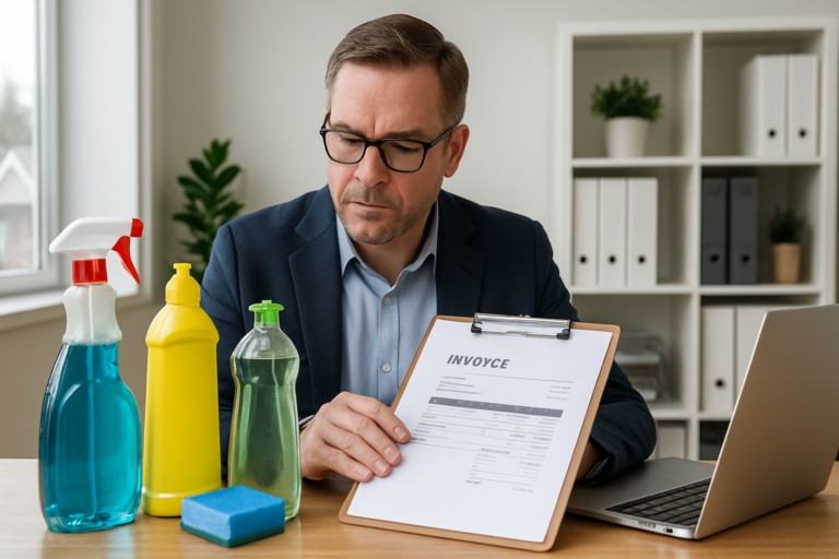 Business owner comparing office cleaning costs vs DIY in a clean Maine office