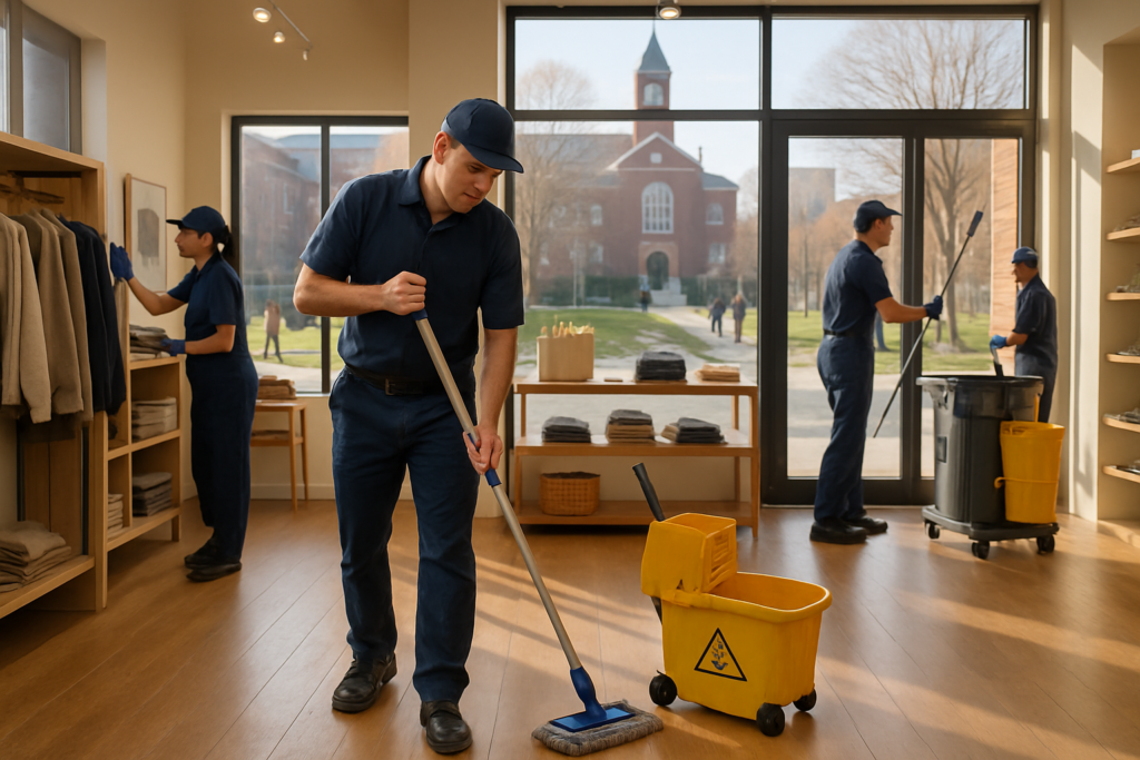 Professional commercial cleaning crew cleaning a retail storefront in Orono, Maine near the University of Maine campus