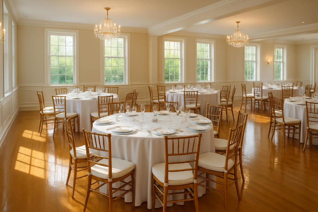 Spotlessly clean event venue with gleaming floors and perfectly set tables — venue cleaning Bangor Maine