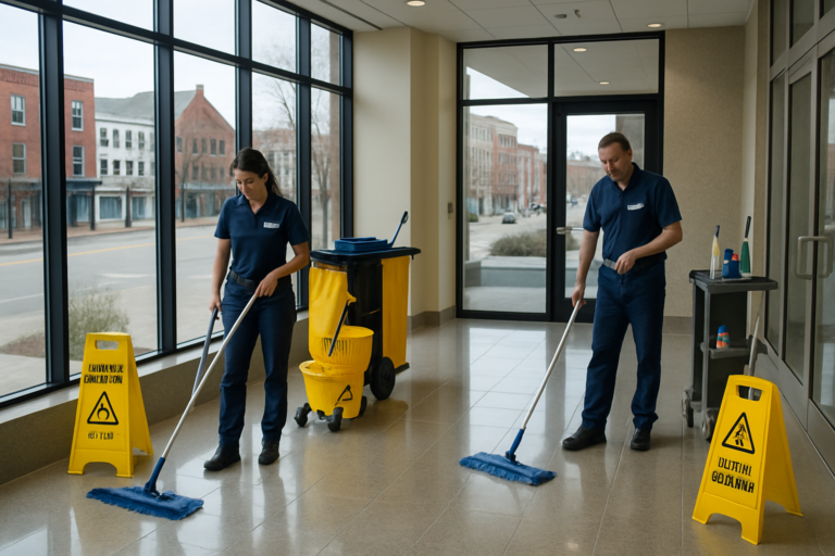 Professional commercial cleaning team working in a Waterville Maine office building
