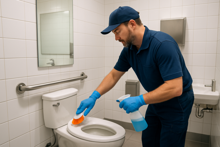Professional cleaning technician disinfecting a commercial restroom in a Maine business