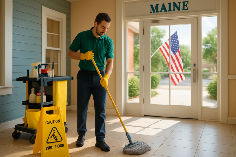 Professional commercial cleaner mopping a Maine storefront before Memorial Day weekend