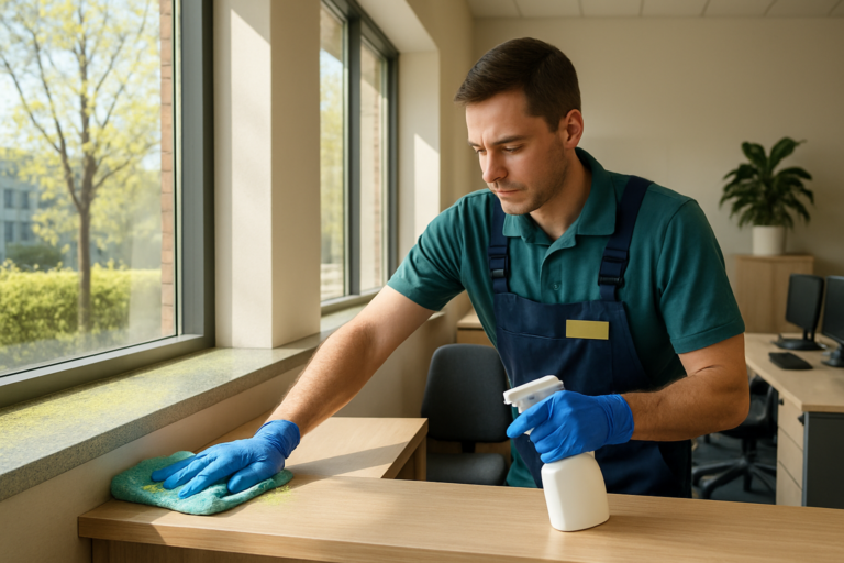 Professional cleaning worker wiping pollen off a desk in a Maine office during spring pollen season