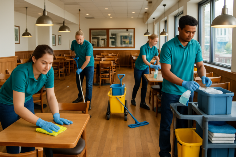 Commercial cleaning crew wiping down tables and mopping floors in a Maine restaurant dining area after Memorial Day weekend