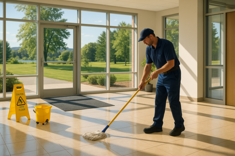 Commercial cleaning professional mopping a Maine office lobby in summer