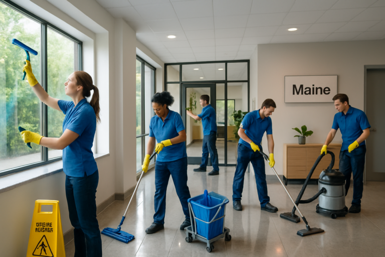 Commercial cleaning crew preparing a Maine business office for summer with clean windows and polished floors