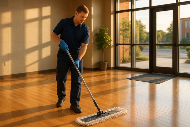 Commercial cleaning worker dust-mopping hardwood floors in a Maine business lobby during summer