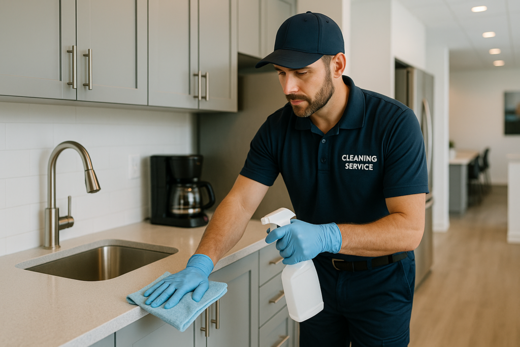 Professional cleaner sanitizing a commercial break room kitchen counter and surfaces in a Maine office building