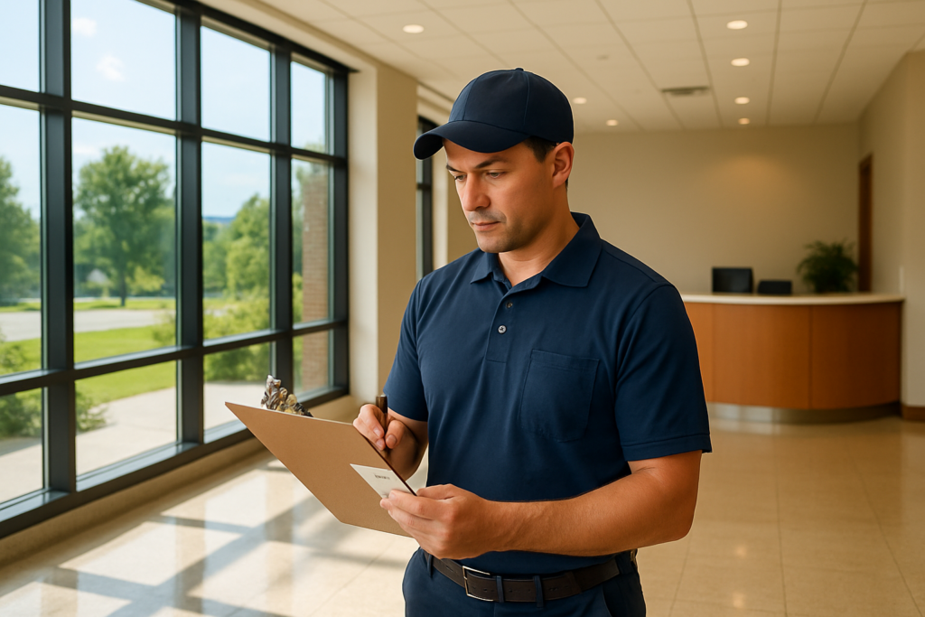 Professional commercial cleaner reviewing a checklist clipboard in a clean Maine business office lobby during summer