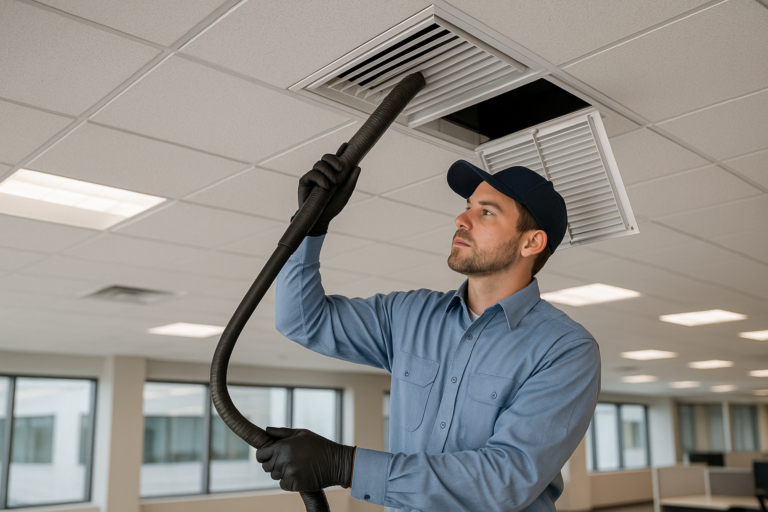 HVAC technician cleaning commercial air duct vents in a Maine office building during summer maintenance