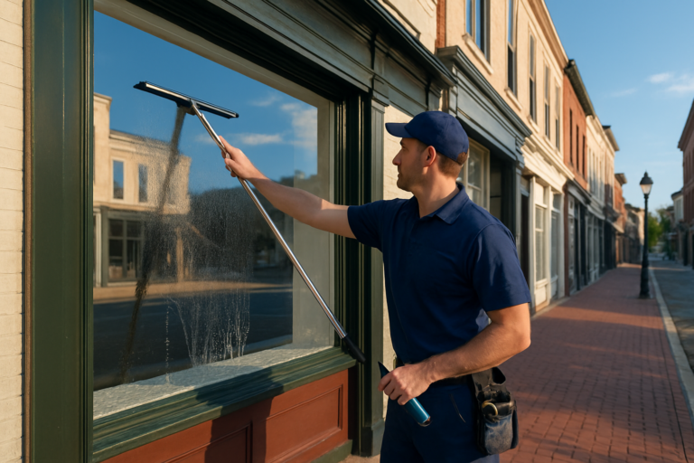 Professional window cleaner washing large commercial storefront windows on a Maine business