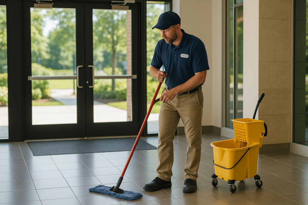 Professional cleaner mopping and sanitizing the entryway and lobby floor of a commercial building in Maine during summer