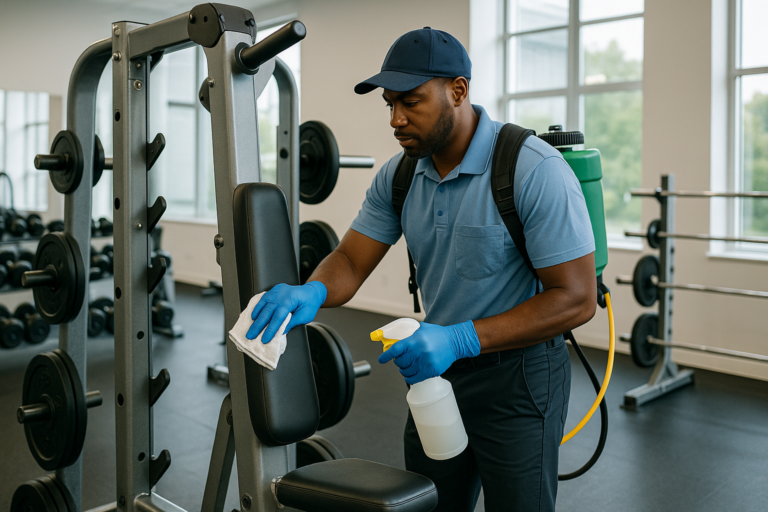 Professional cleaner wiping down gym equipment in a Maine fitness center
