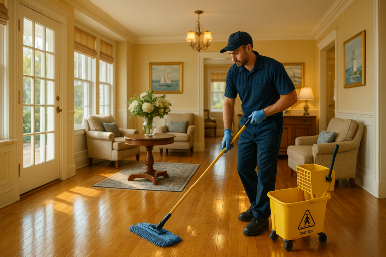 Professional cleaner sanitizing a busy Maine hotel lobby during summer tourism season