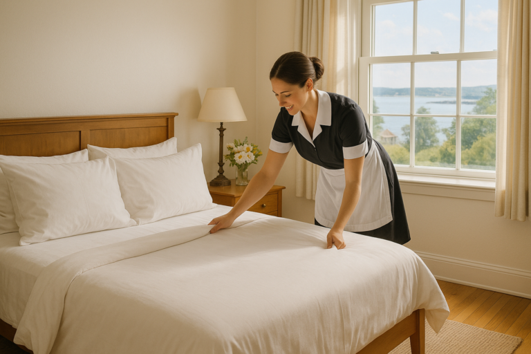 Professional housekeeper cleaning a hotel room at a Maine inn during summer season