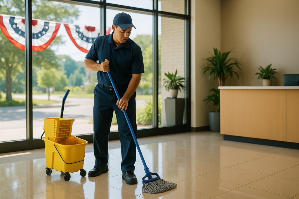 Professional commercial cleaner mopping a bright, clean Maine business lobby with American flag bunting visible through the front windows in summer