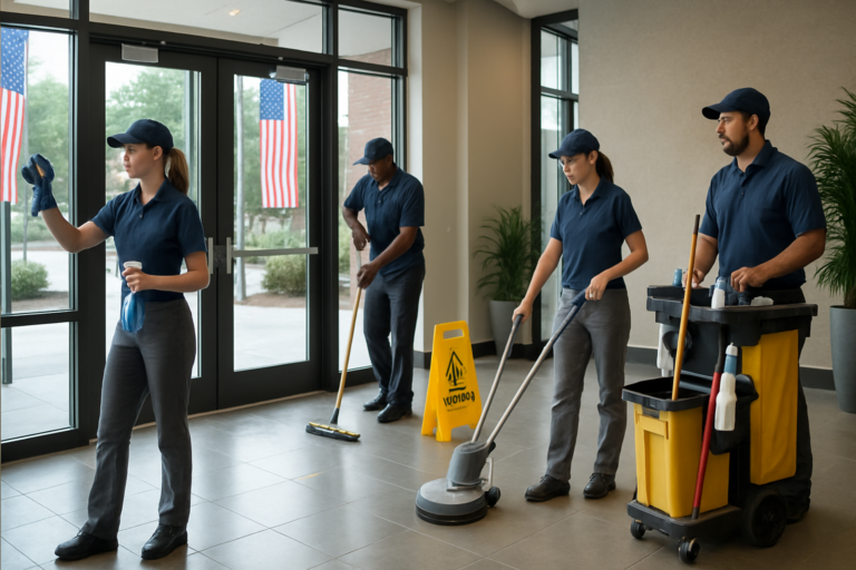 Commercial cleaning crew preparing Maine business entryway for July 4th holiday weekend