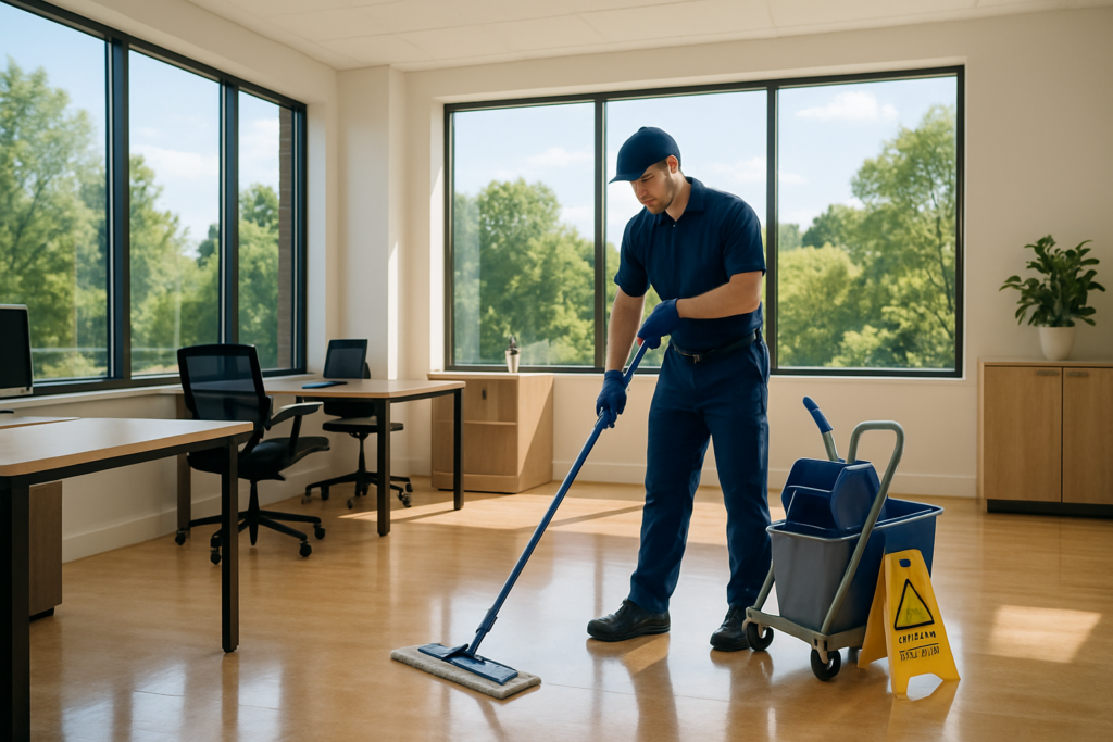 Professional commercial cleaner scrubbing a bright office floor in a Maine business during late June summer preparation