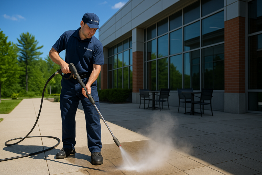 Commercial cleaner pressure washing a business walkway and patio area in Maine on a sunny summer day