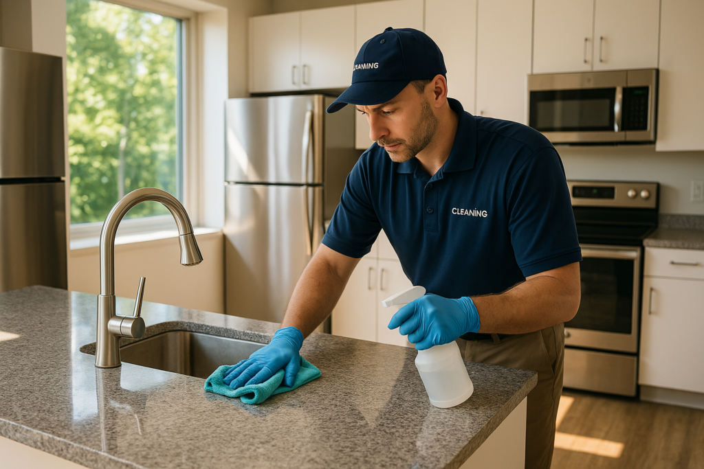 Professional commercial cleaner sanitizing a break room counter in a Maine business to prevent summer pest problems