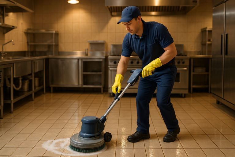 Professional cleaner sanitizing commercial restaurant kitchen floor in Maine