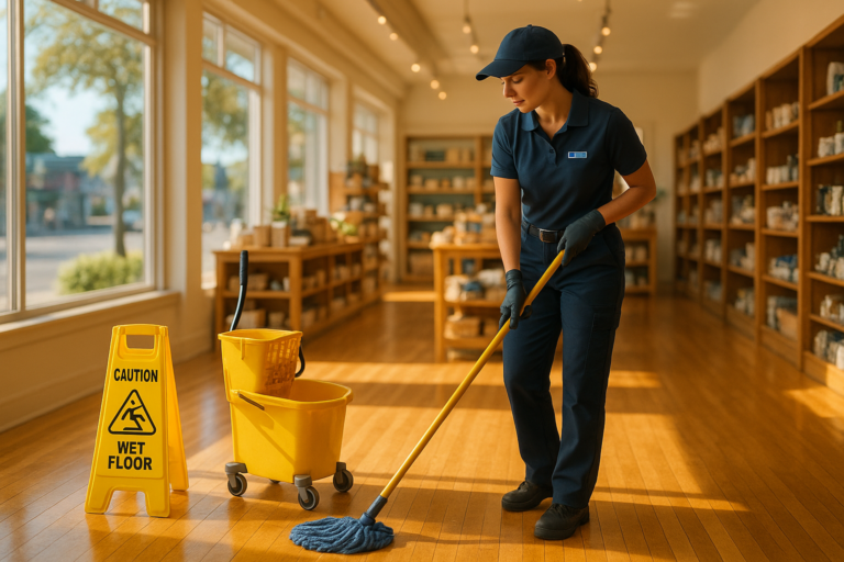Professional cleaner mopping the floor of a Maine retail store during summer
