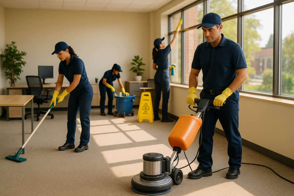 Professional commercial cleaning crew performing a summer deep clean in a bright Maine office, scrubbing floors and wiping surfaces in natural summer light