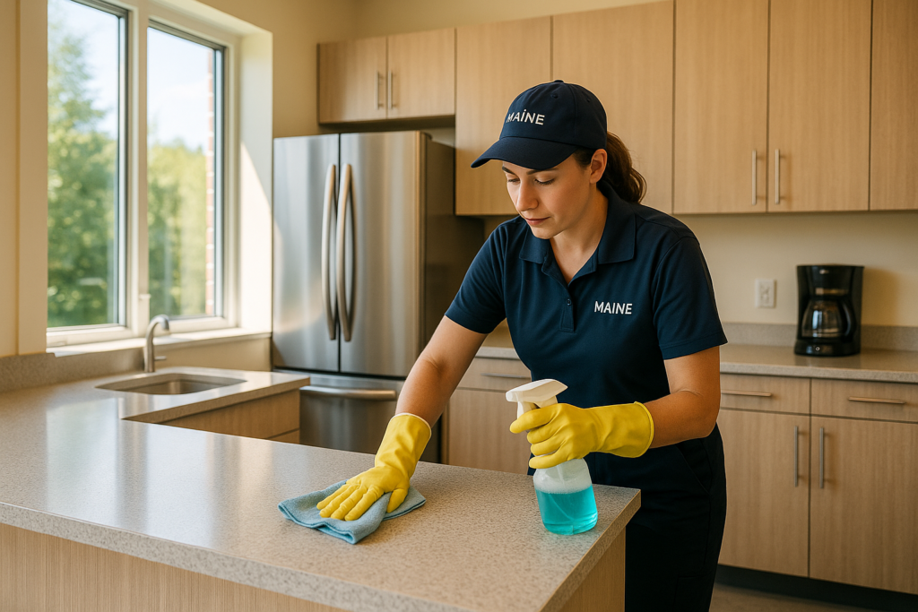Commercial cleaning professional scrubbing a break room kitchen in a Maine office building during summer