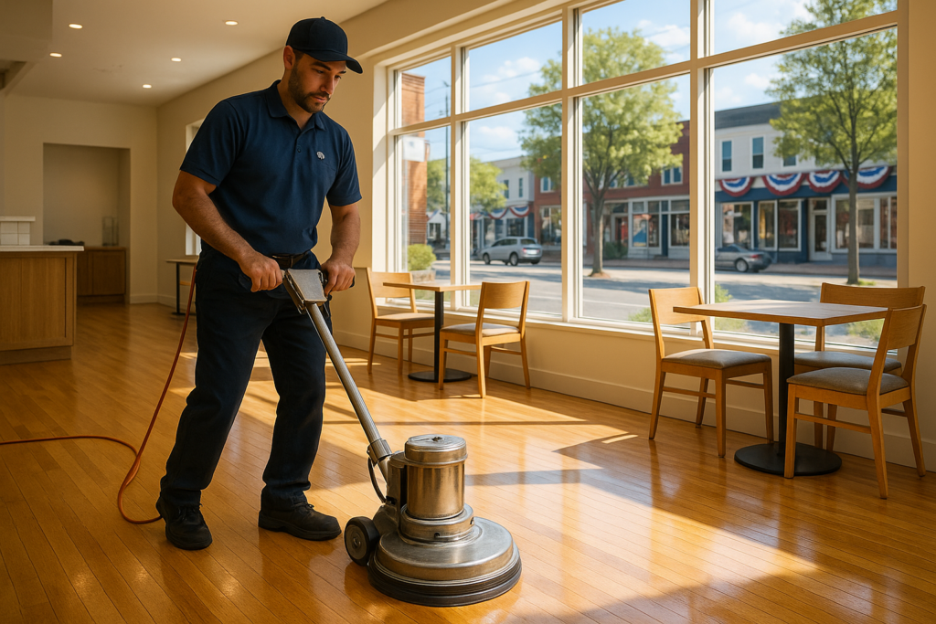 Professional commercial cleaner polishing floors of a bright Maine business storefront in preparation for July 4th holiday weekend