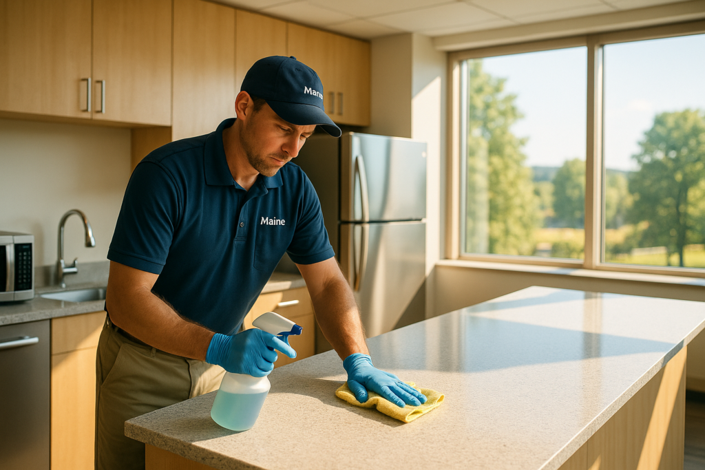 Professional cleaner wiping down a bright modern office break room counter in a Maine business on a sunny summer day