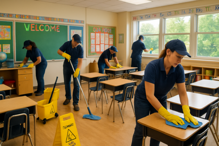 Professional commercial cleaning crew deep cleaning a Maine school classroom before the new school year
